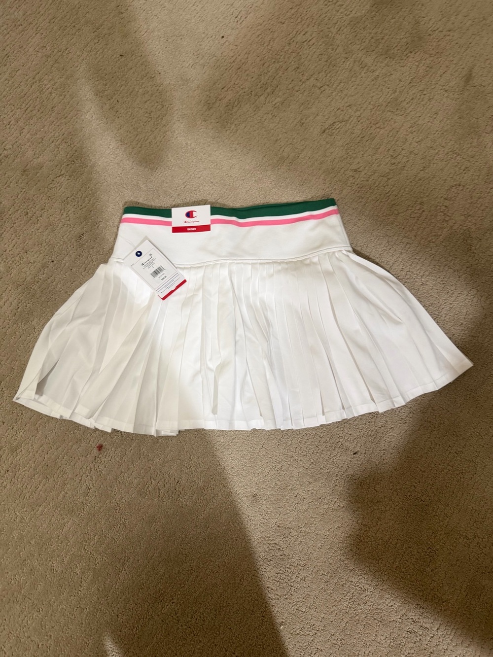 Champion White Pleated Skater Skirt with Green & Pink Waistband